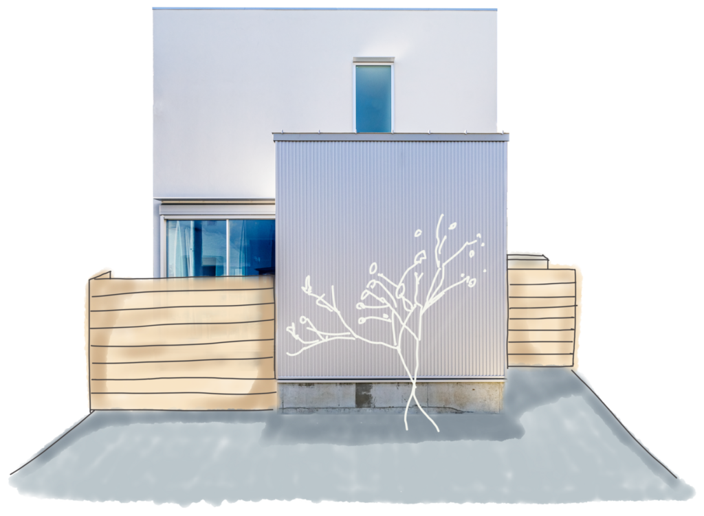 プライベートな中庭と家事スペースがある、白い塗り壁のかわいい箱の家